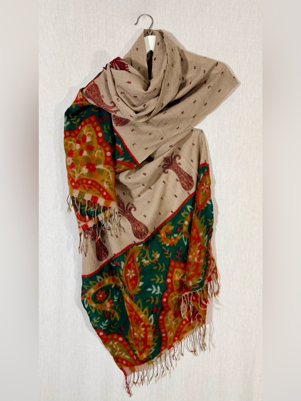 Large wool Beige red and Green embroidered  Paisley Fringe Shawl Scarf